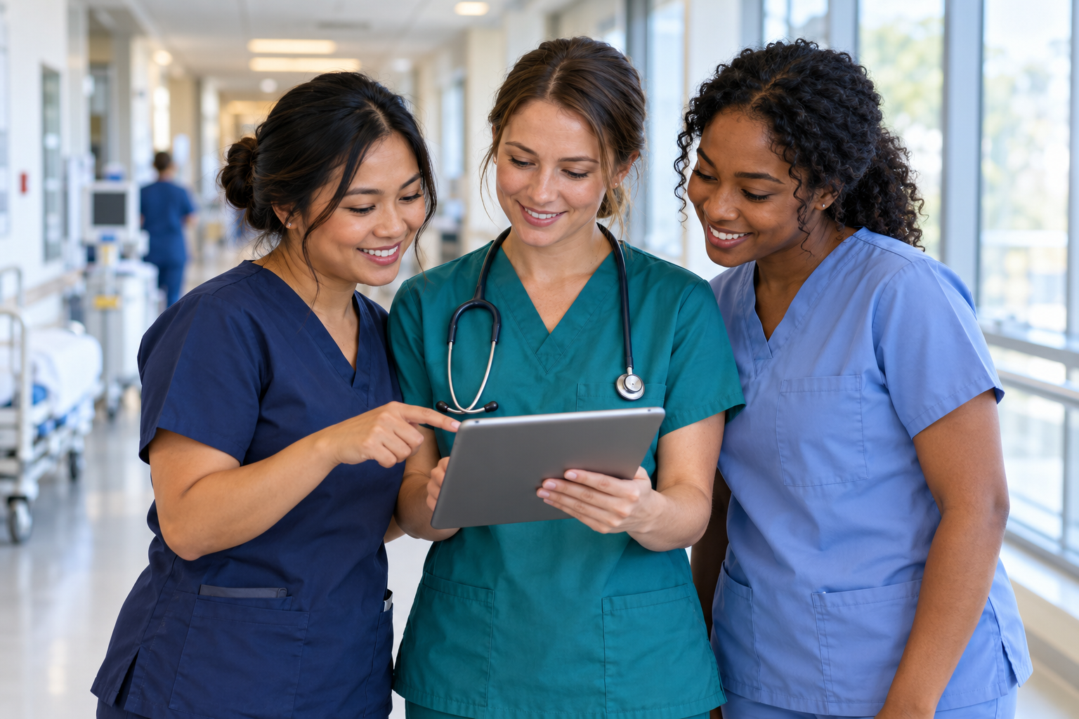 Illustrative image of nurses reviewing a tablet in a hospital